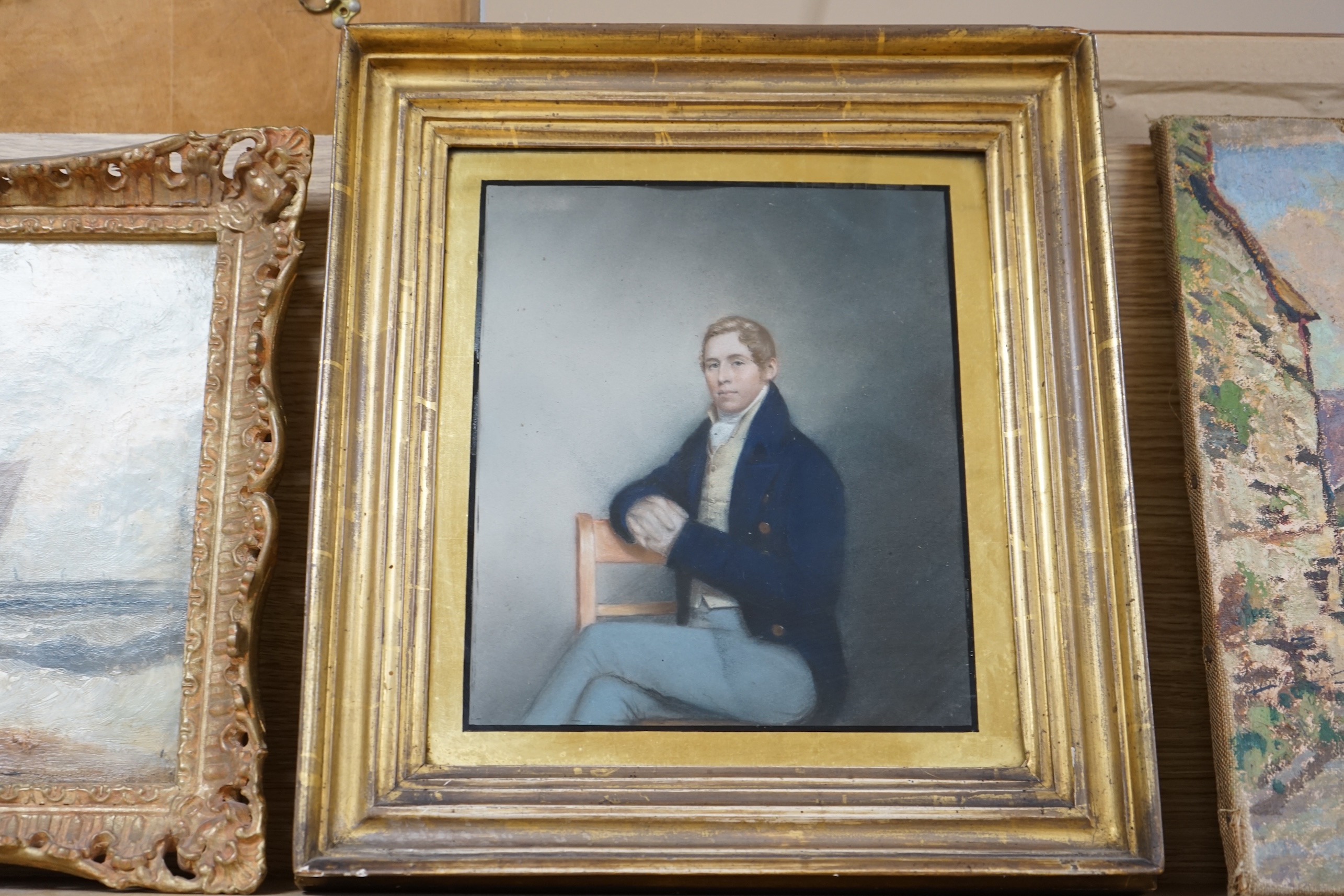 Early 19th century English School, pastel, Portrait of George Latham Blacker, Lieutenant of the 65th Regiment of Foot, inscribed in ink and provenance details verso, 24 x 20cm, gilt framed. Condition - fair to good